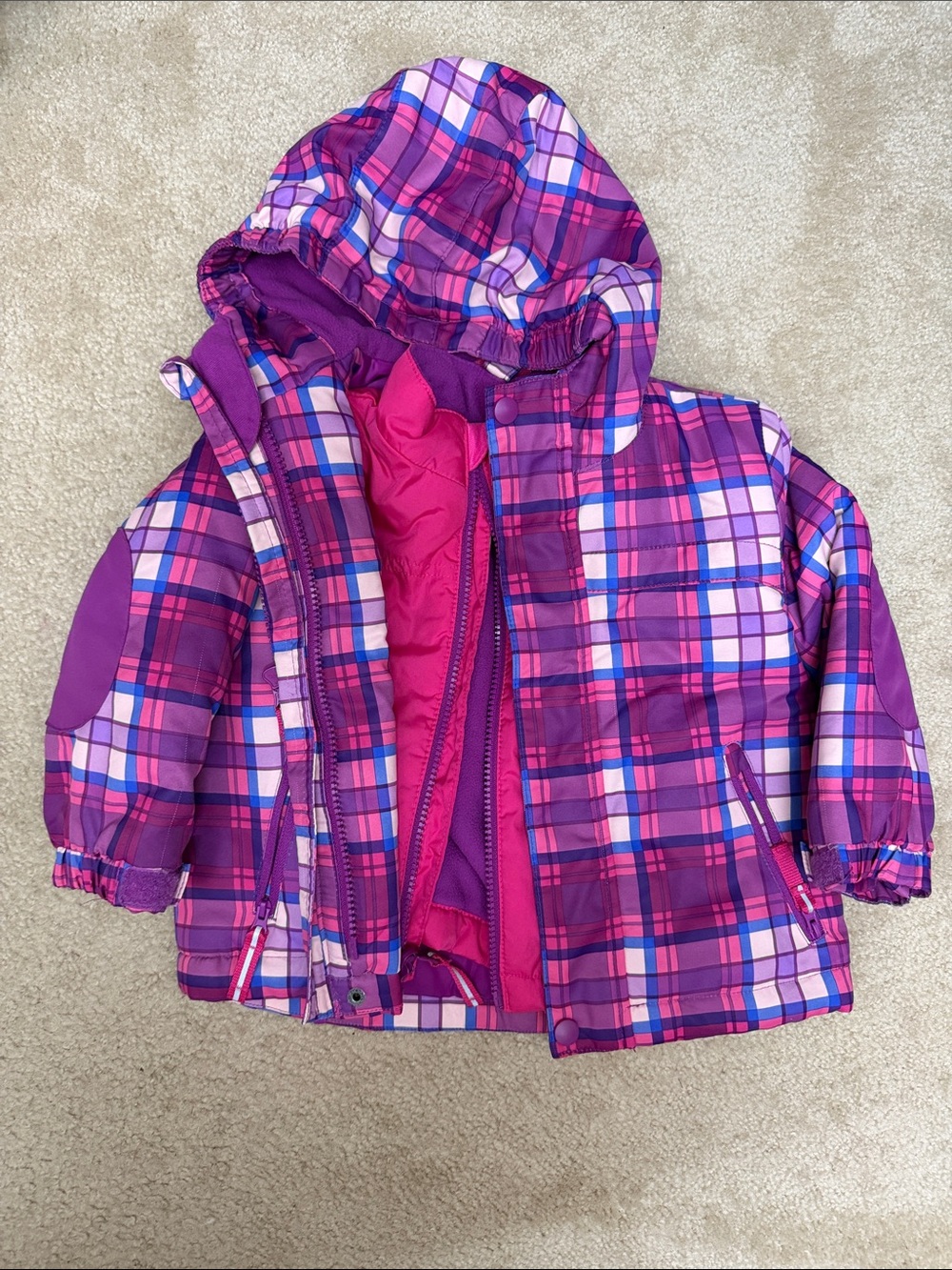 Kids Plaid Hooded Winter Jacket - Pink & Purple